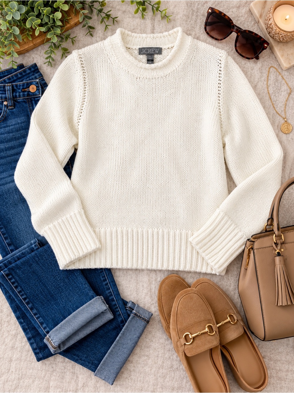 J.Crew Ivory Cozy Crewneck | Textured Knit | Classic Autumn Style